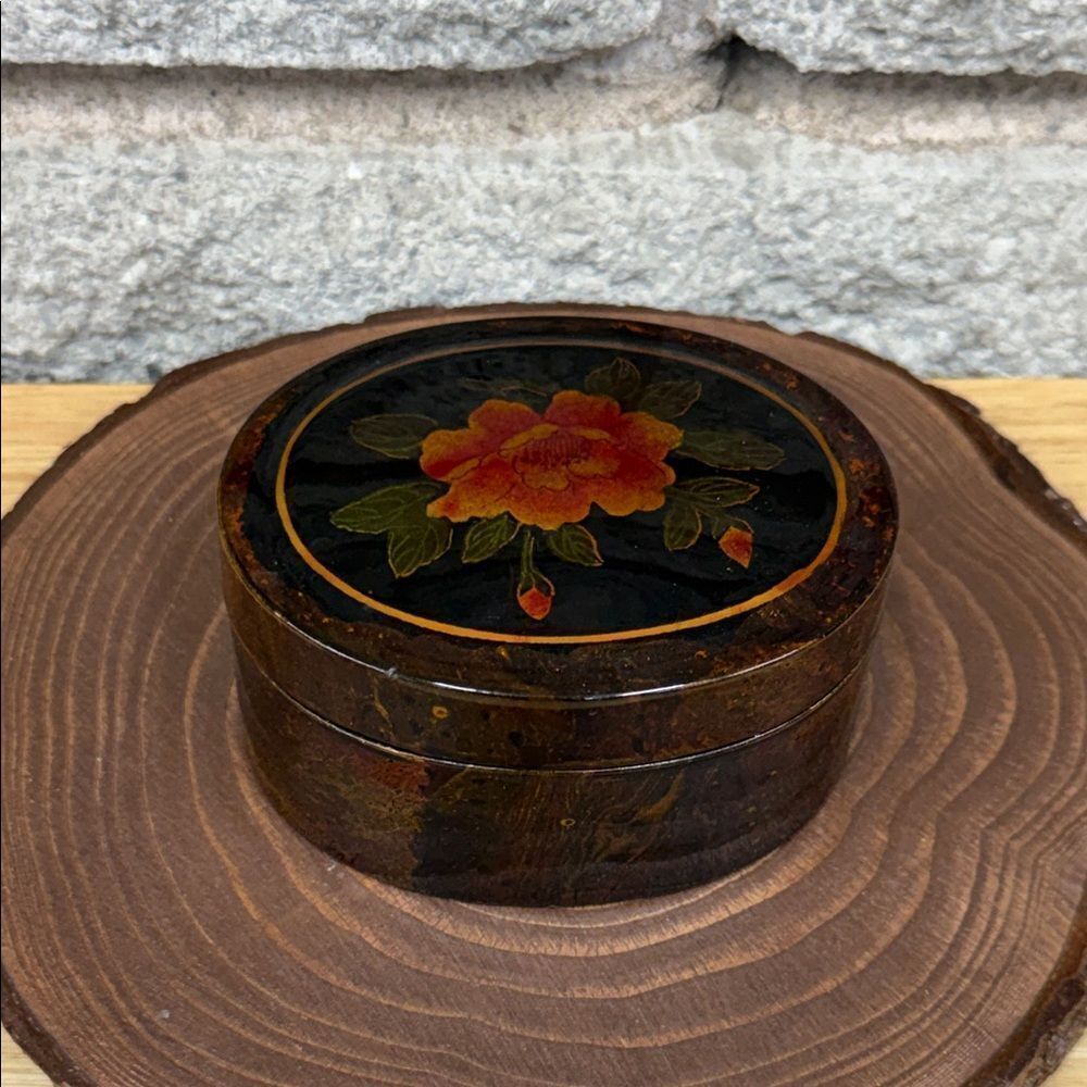 Vintage Lacquered Floral Decorative Box with Lid
